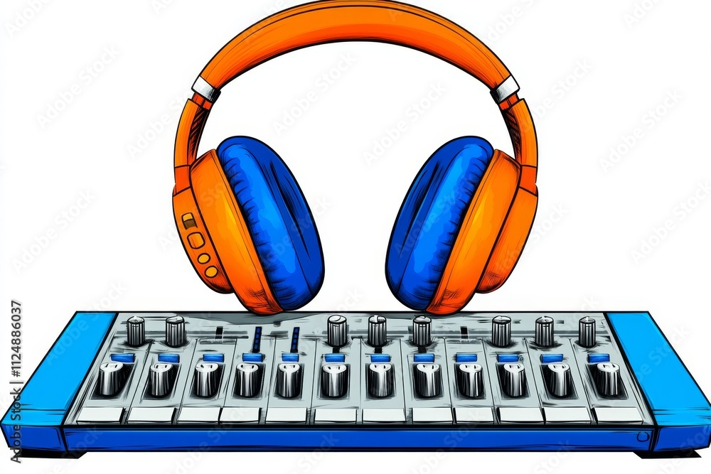 Poster a flat vector of a pair of headphones hanging on a mixing console, drawn with bold lines and colorfu