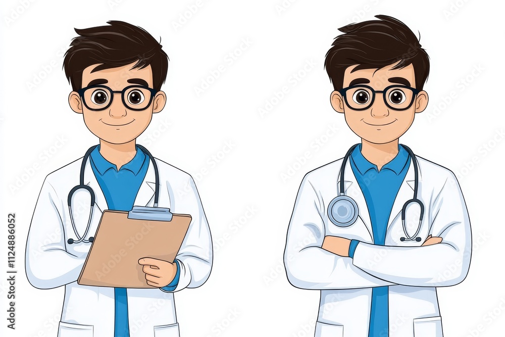 Poster a flat vector of a doctor standing with a clipboard, illustrated with soft pastel tones and clean li