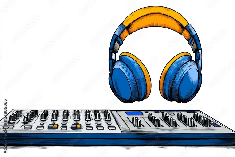Poster a flat vector of a pair of headphones hanging on a mixing console, drawn with bold lines and colorfu