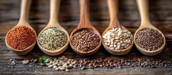 Assorted Seeds in Wooden Spoons on Rustic Wooden Table for Healthy Eating and Cooking Concepts