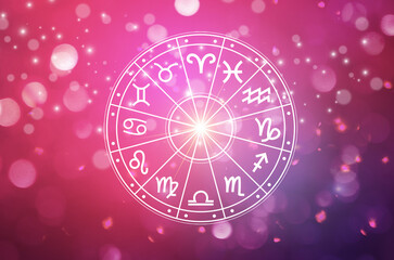 Zodiac signs inside of horoscope circle. Astrology in the sky with many stars and moons  astrology and horoscopes concept