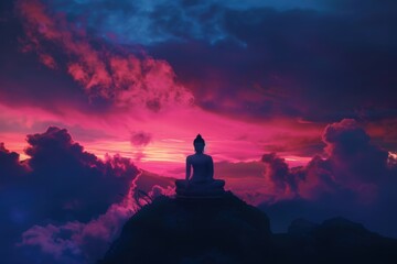 Fototapeta premium Serene Buddha statue against a colorful sunset