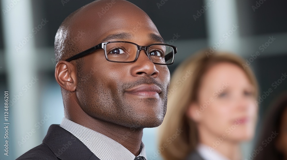 Poster professional networking event featuring confident business attire in modern corporate office setting