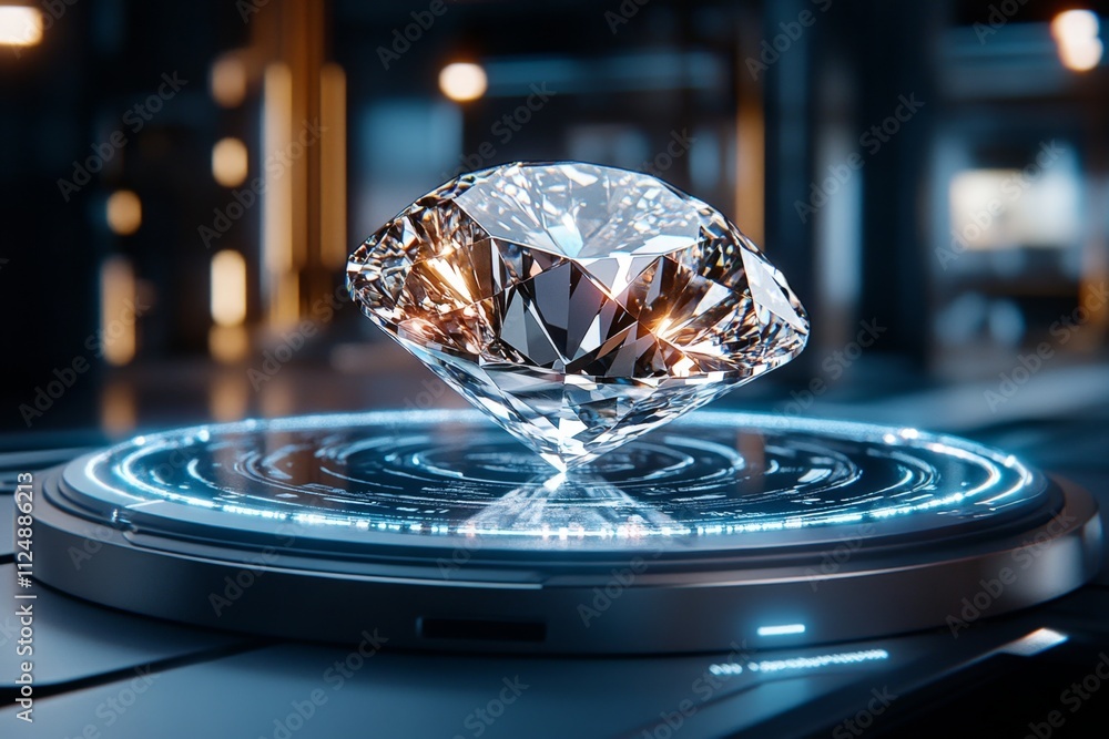 Poster A futuristic depiction of a diamond floating in a holographic display, surrounded by digital readouts and glowing geometric patterns