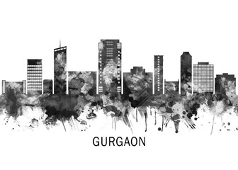 Fototapeta premium Gurgaon Haryana Skyline BW, cityscape landscape watercolor painting print abstract splash illustration art modern urban poster artwork landmarks skyscrapers