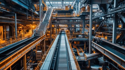 Industrial plant interior focusing on a conveyor belt system carrying raw materials, metal catwalks and staircases overhead