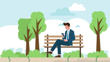 A flat 2D animation showing a man sitting in a park checking his phone. He smiles as he receives a success notification, symbolizing achievements in business, career, or investment in a modern style