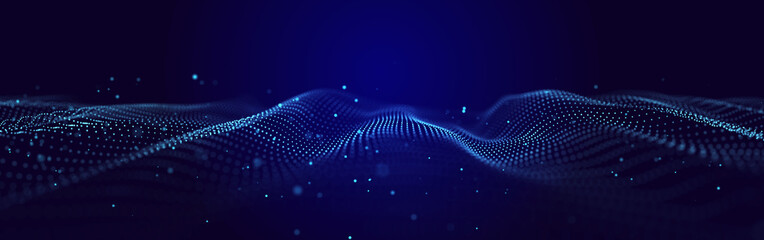 Futuristic background of moving, glowing particles on a black background. Large amount of data. 3D rendering.