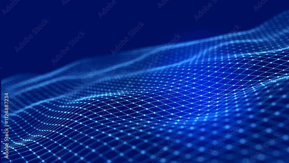 Fototapete Futuristic abstract mesh. Wave with the connection of dots and lines. 3D rendering.