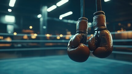 An empty boxing ring with gloves hanging on the ropes, highlighting the intensity of training,