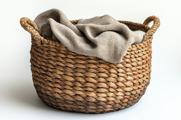Obraz premium Photographie studio d'un panier à linge tressé avec doublure en tissu, design minimaliste et fonctionnel, sur fond blanc