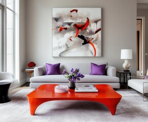 Contemporary Living Room with Bold Red Coffee Table and Abstract Art