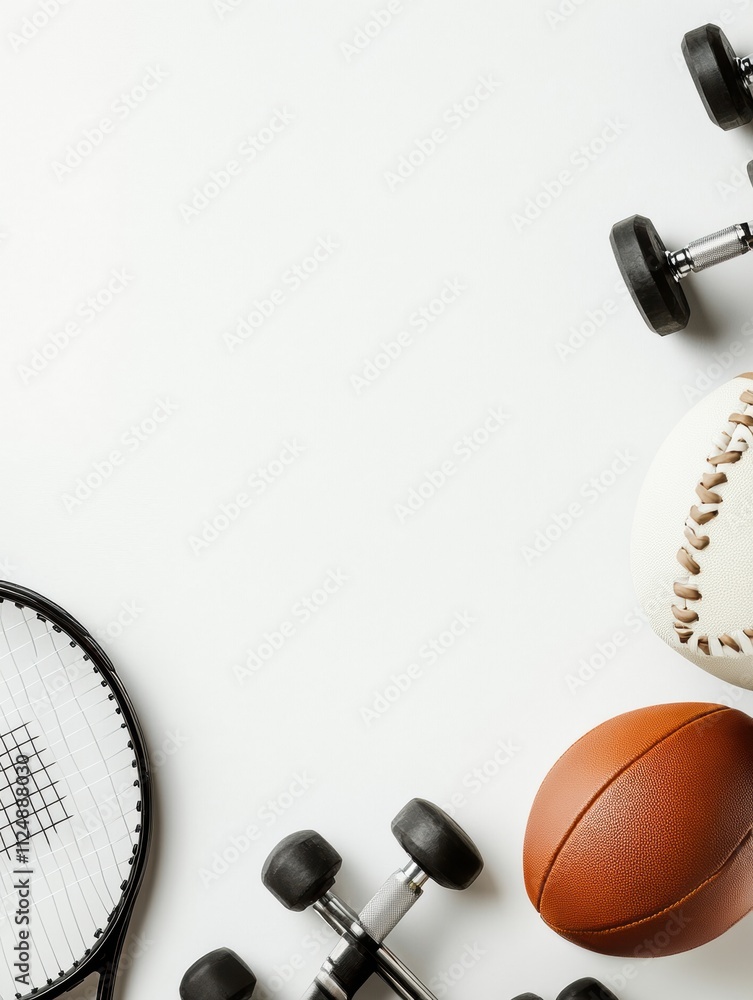 Poster a collection of sports equipment, including a football, tennis racket, and dumbbells is neatly arran