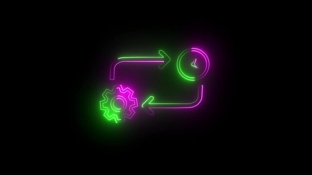 Settings icon and clock icon, and moving arrow rotted on the blue background.