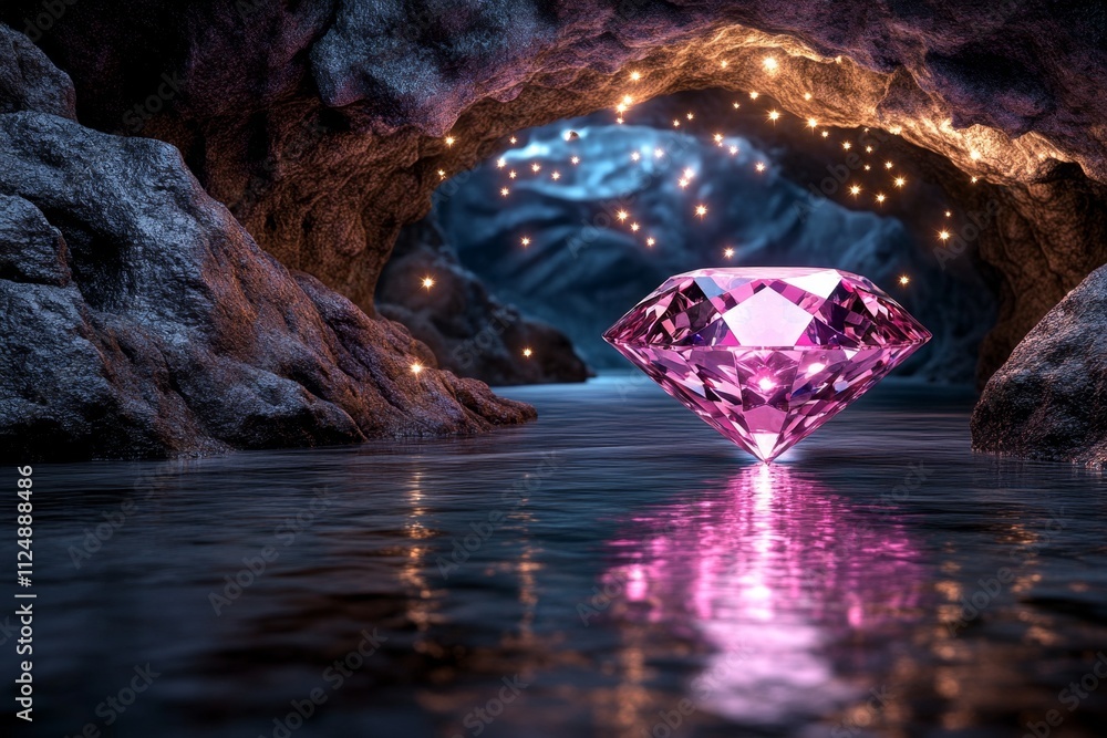 Poster A magical diamond glowing with inner light, surrounded by floating sparkles and mystical auras in an enchanted cave