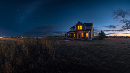 Cozy farmhouse illuminated at dusk in a tranquil countryside setting with blue sky