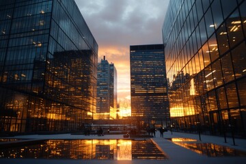 Fototapeta premium Sunset reflections in modern cityscape with glass buildings and vibrant sky colors