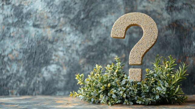 A striking question mark stands prominently among vibrant green foliage, set against a textured background that adds depth and intrigue to this thoughtful composition