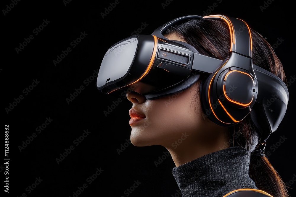 Poster young woman experiencing virtual reality with advanced headset in a dark setting while immersed in a