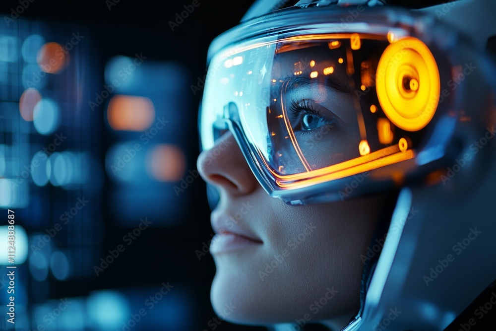 Poster tech enthusiast wearing advanced augmented reality goggles in a futuristic environment