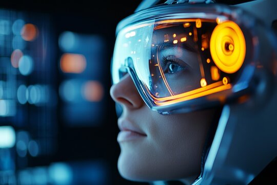 Tech enthusiast wearing advanced augmented reality goggles in a futuristic environment