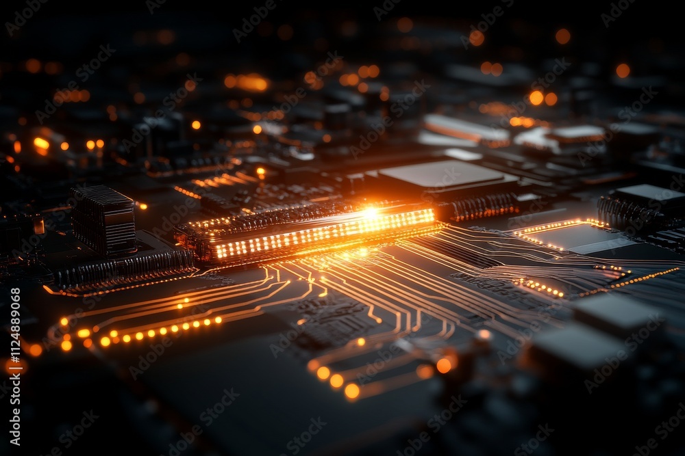 Aufkleber close-up view of a circuit board with illuminated pathways and glowing elements at night