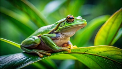 Fototapeta premium Captivating Long Exposure Close-up of a Frog Amidst Lush Greenery, Showcasing Nature's Beauty and the Intricacies of Amphibian Life in a Dreamy, Ethereal Light