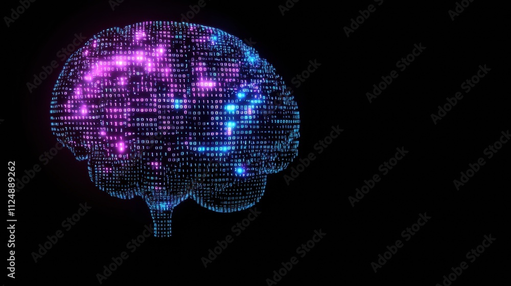 Poster a glowing brain made of blue and purple digital grids and binary code illustrates advanced technolog