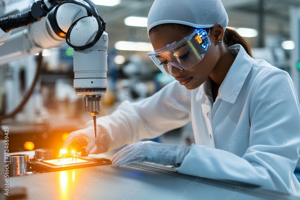 Poster engineer using robotic arm for precision manufacturing in high-tech facility