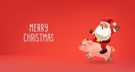 Merry Christmas and Happy New Year Winter Scene with Santa claus and pig on red Background