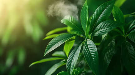 Obraz premium Lush green leaves glisten in soft sunlight, with gentle steam rising, creating a serene and vibrant natural atmosphere.
