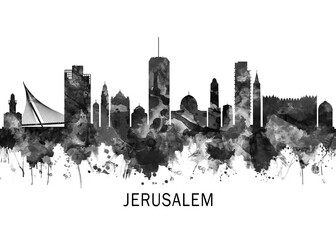 Fototapeta premium Jerusalem Israel Skyline BW, cityscape landscape watercolor painting print abstract splash illustration art modern urban poster artwork landmarks skyscrapers