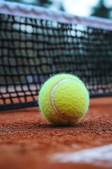 Close-up of tennis ball by net on clay court, sport concept.