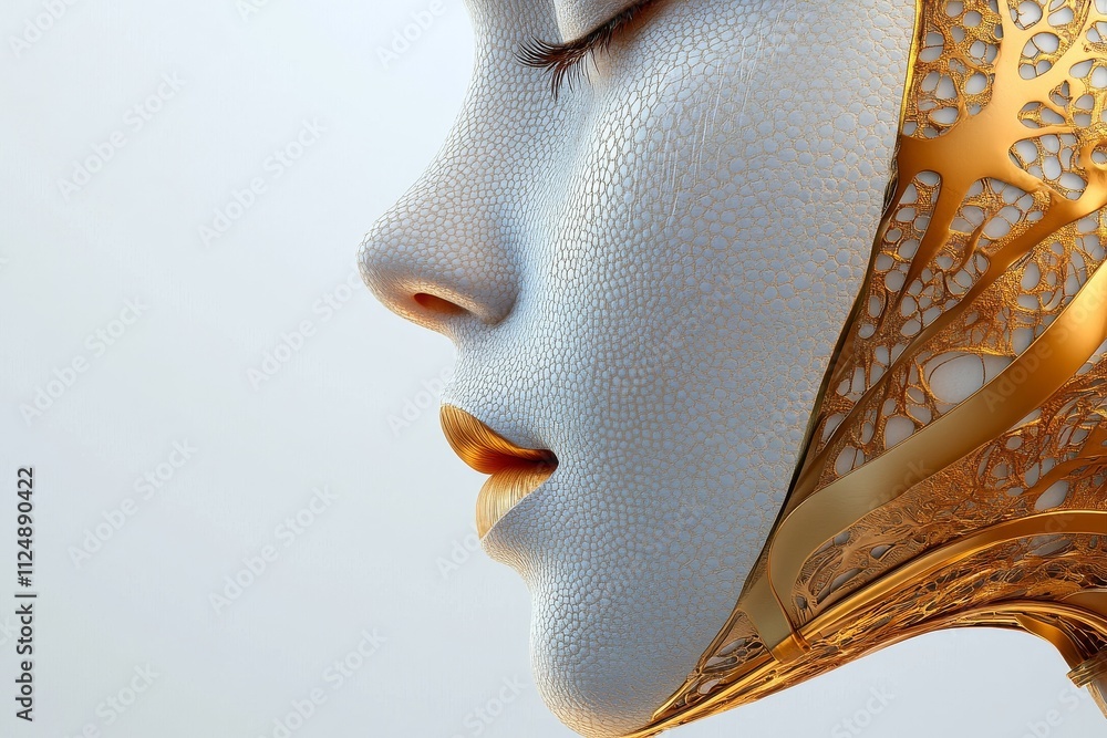 Poster futuristic robot face design with intricate golden detailing showcasing advanced technology and arti