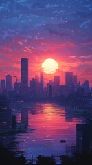 Fototapeta premium Modern City Skyline at Sunset in Vector Illustration