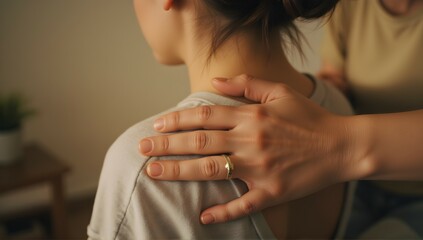 A comforting hand rests gently on a shoulder, offering solace and support. A moment of quiet care and understanding.