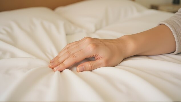 Gentle touch, soft sheets. A moment of peaceful rest, embracing comfort and serenity.  A hand caresses smooth, white bedding.