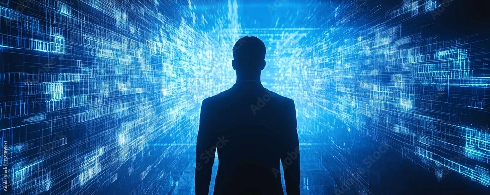 Poster man silhouette facing digital data stream futuristic technology background
