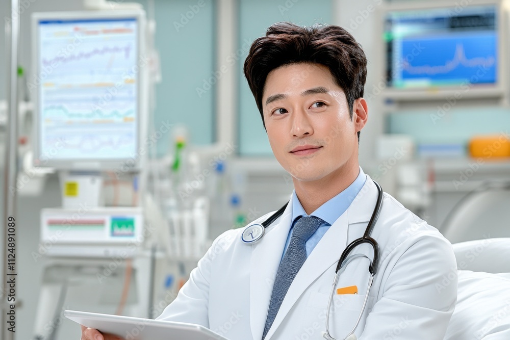 Aufkleber a photo of a doctor using a tablet to explain a diagnosis to a patient, with digital charts displaye