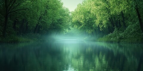 Obraz premium Serene Riverbank, Soft Morning/Evening Light, Overcast Sky, Green Foliage