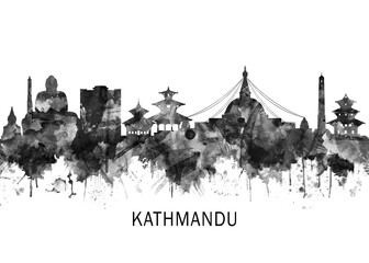 Fototapeta premium Kathmandu Nepal Skyline BW, cityscape landscape watercolor painting print abstract splash illustration art modern urban poster artwork landmarks skyscrapers
