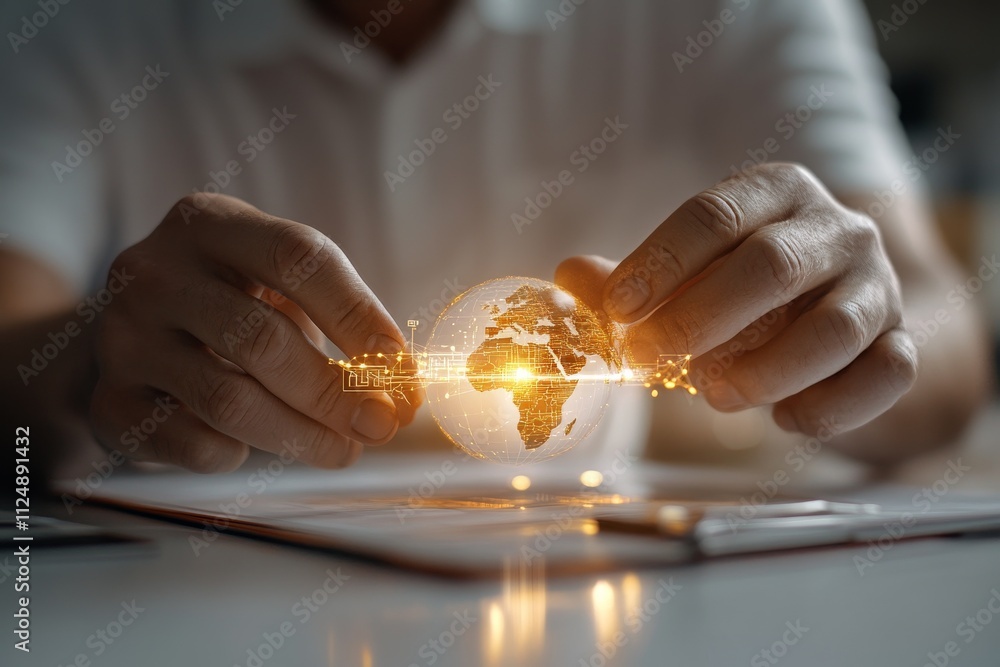 Aufkleber hands hold a glowing globe symbolizing global connection and innovation in a modern workspace