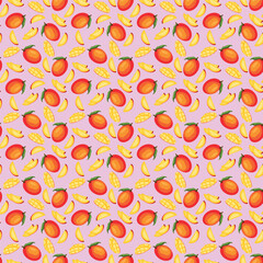 Mango flat seamless pattern on pink background. Wrapping paper, gift card, poster, banner design. Home decor, modern textile print. Summer bright geometric fruits patterned.