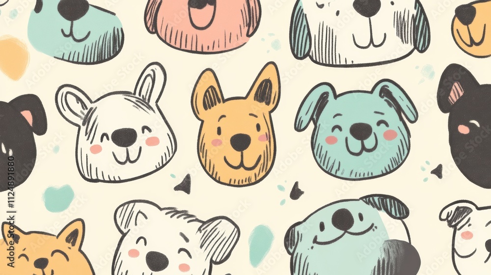 Aufkleber this delightful doodle pattern showcases cheerful dog faces in a playful style, perfect for incorpor