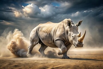 Fototapeta premium Captivating Long Exposure of a White Rhino Charging Through Dust in a Dynamic African Landscape, Showcasing Nature's Power and Beauty in Motion