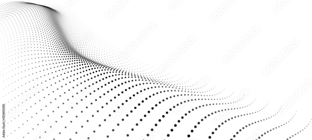 Poster Wave of moving particles on a white background. Big data transfer. Abstract vector 3d illustrations.