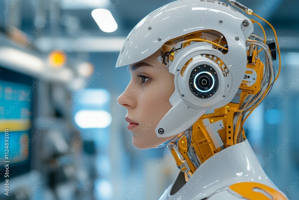 Poster futuristic humanoid robot with intricate design in a high-tech laboratory environment