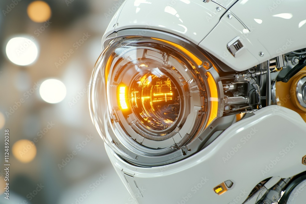 Aufkleber detailed close-up of a futuristic robot head with glowing elements and intricate mechanisms in a bri