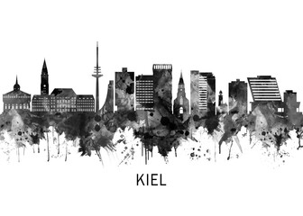 Kiel Germany Skyline BW, cityscape landscape watercolor painting print abstract splash illustration art modern urban poster artwork landmarks skyscrapers