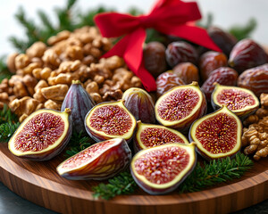 Festive platter of figs, walnuts, and dates, garnished with greenery and a red ribbon.